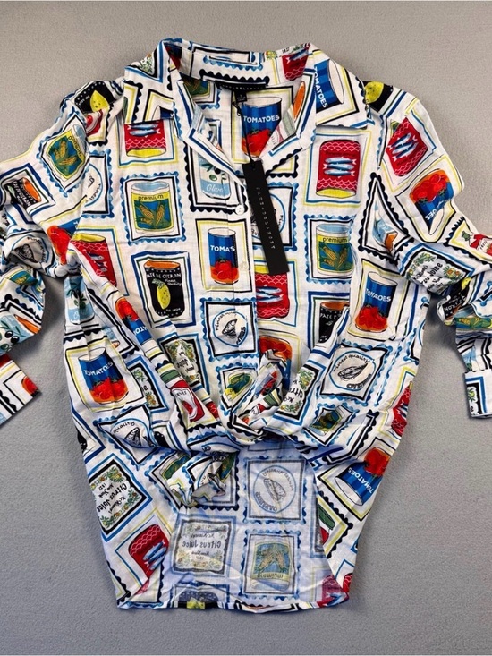 Tops - Button Front Shirt with Colorful Can & Stamp Print